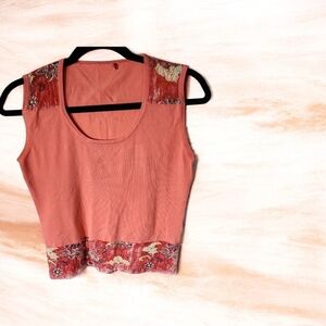 Coral Sleeveless Top with Lacey Floral Accents
